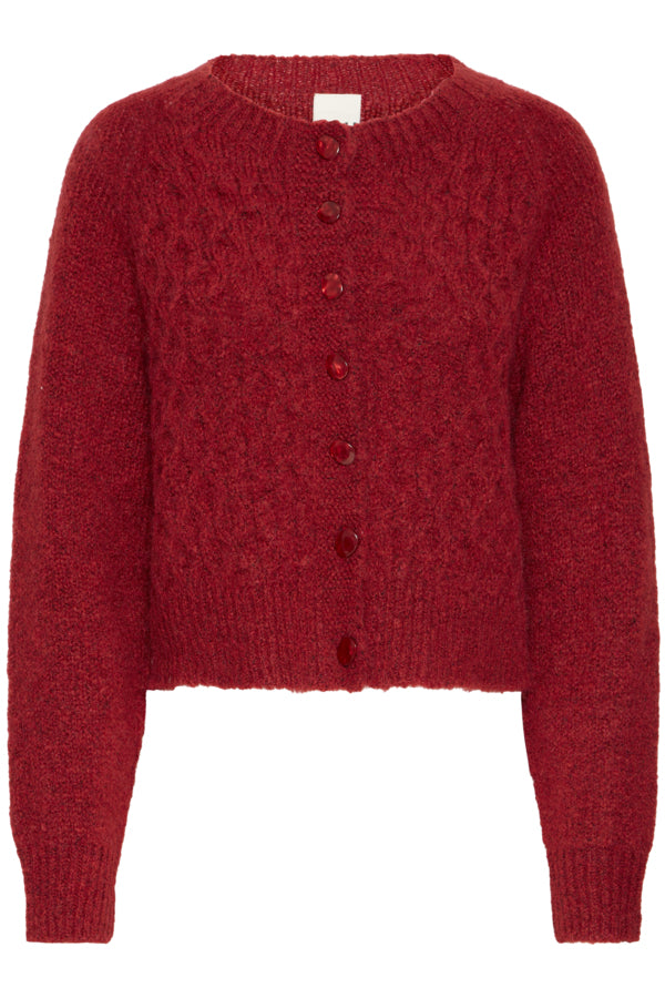 Roter Strickpulli mit Knöpfen