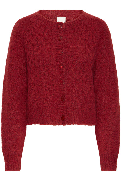 Roter Strickpulli mit Knöpfen