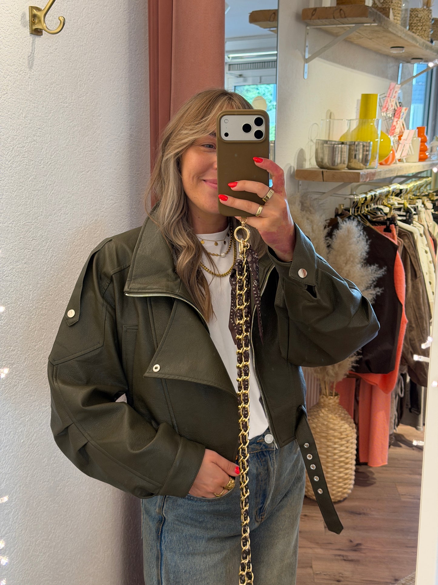 Bikerjacke in Lederoptik khaki