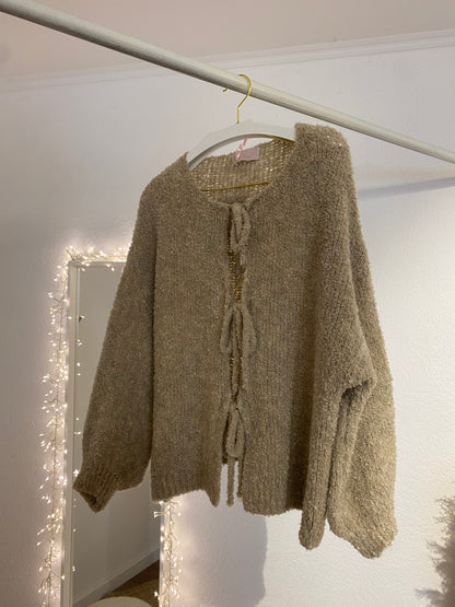 Bouclé Cardigan mit Schleifen beige