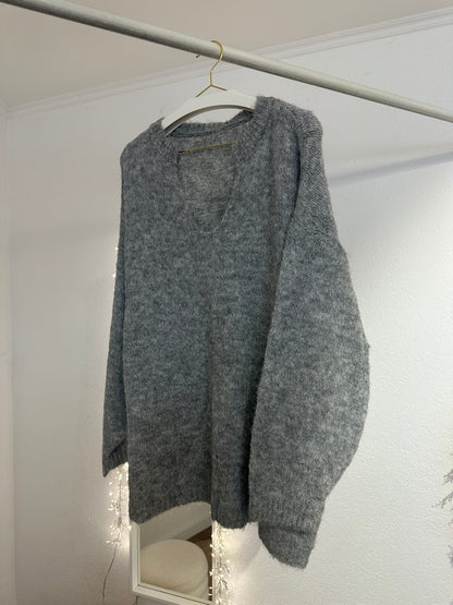 Langer Strickpulli mit V-Ausschnitt versch. Farben